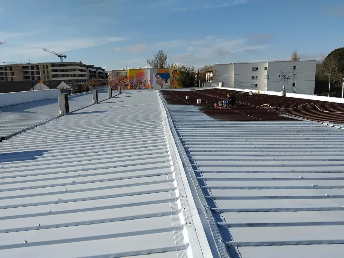 Toiture en bac acier clair sur un bâtiment
